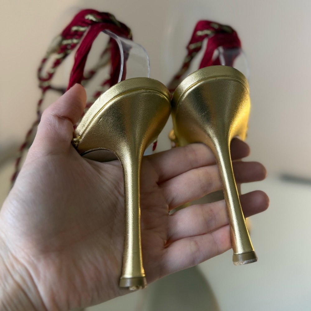 New Vintage Jimmy Choo Gold Jewel Thong Sandals with Burgundy Rope Tie 37 - Picture 7 of 12